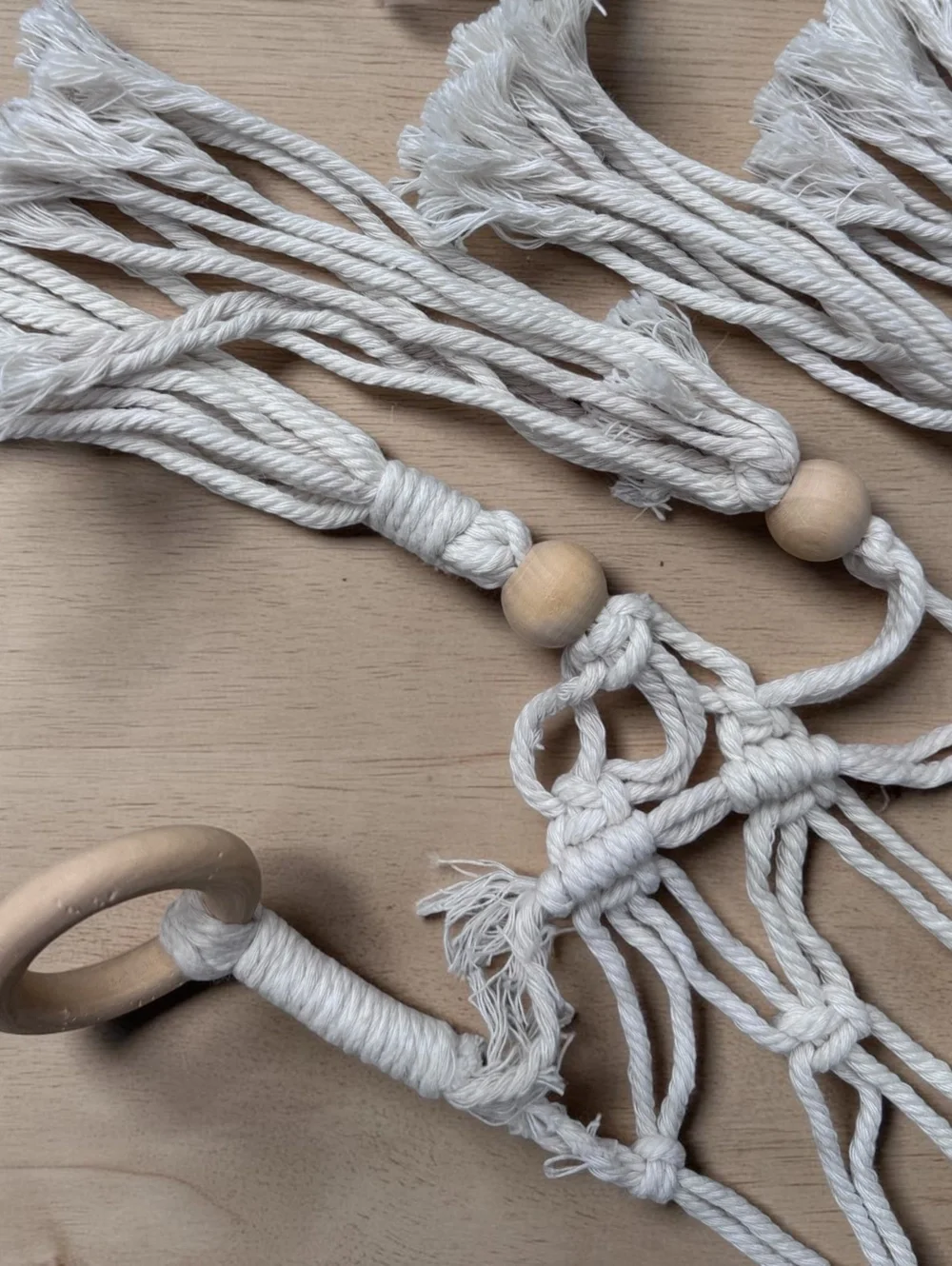 Handmade Boho 1970s Macramé Triangle Wall Hanging with Wooden Rings and Tassels
